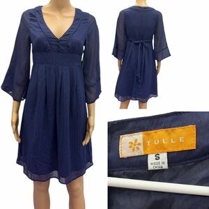 Tulle Navy Blue Sheer Midi Dress V Neck 3 Quarter Sleeve Shimmer Womens Small